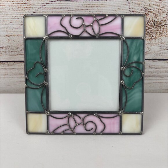 Leaded Stained Glass Photo Frame 3.5 x 3.5" Pink Green Vintage 90's - Picture 1 of 6